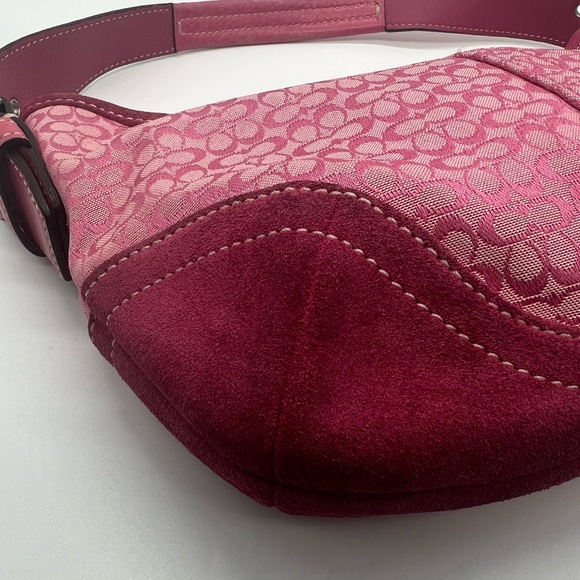 COACH VINTAGE 6351 Y2K Signature Monogram Pink Suede Leather Crescent Mini Hobo - Picture 9 of 17